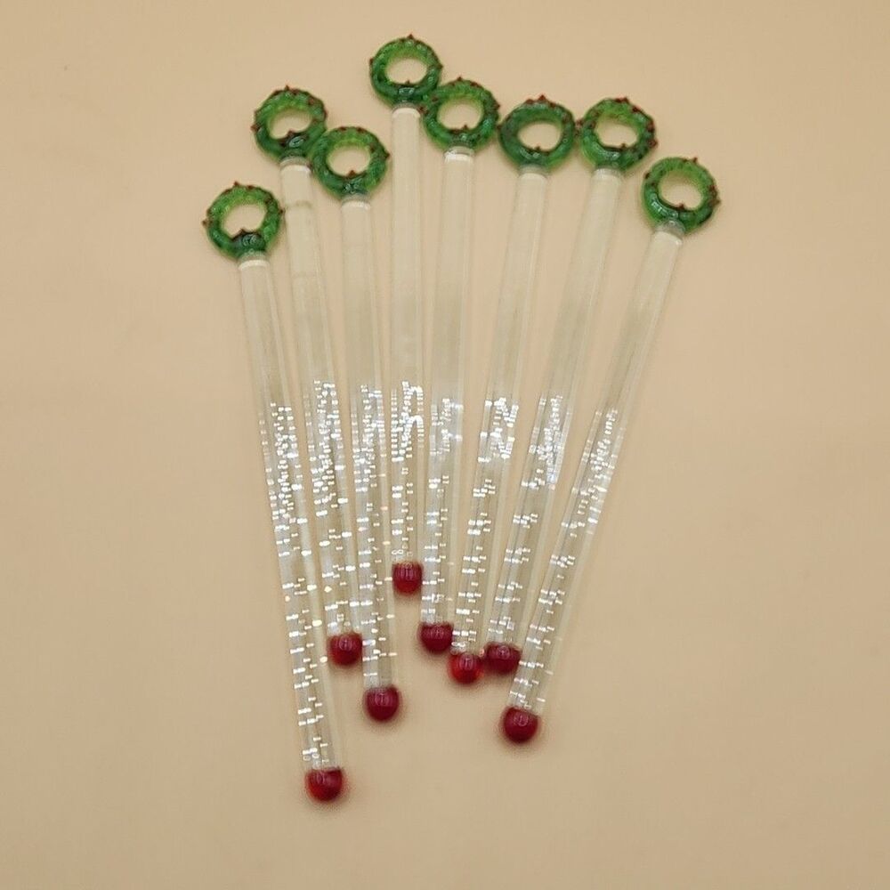 Handblown Holiday Glass Cocktail Drink Stirrers Xmas Wreath 8 Swizzles Bar Vtg
